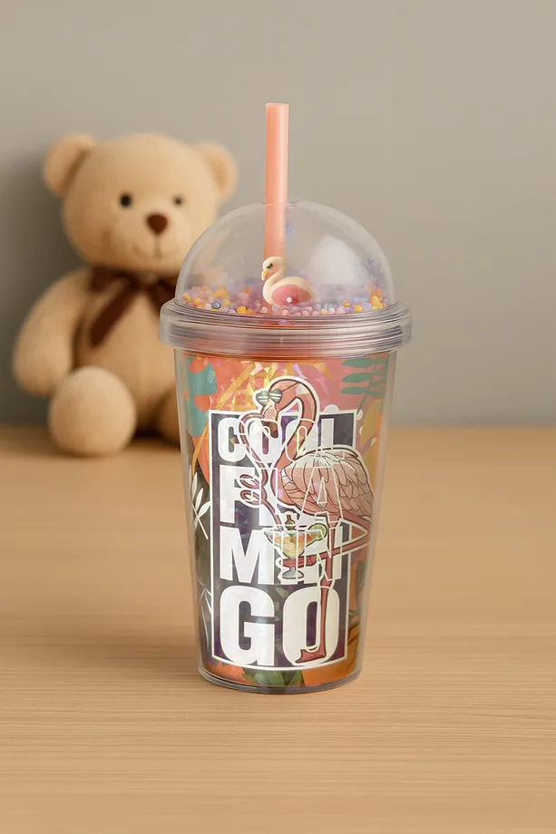 El Yakmaz Çift Katmanlı Neon Flamingo Desenli Pipetli Bardak 600 Ml–Eğlenceli İçecek Bardağı