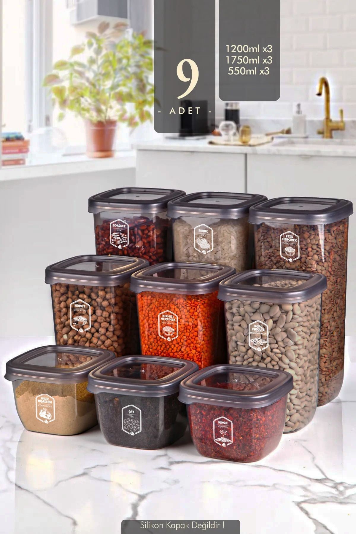 9'lu Etiketli Square Kare Saklama Kabı Seti (1750ml+1200ml+550ml) Erzak Kavanozu