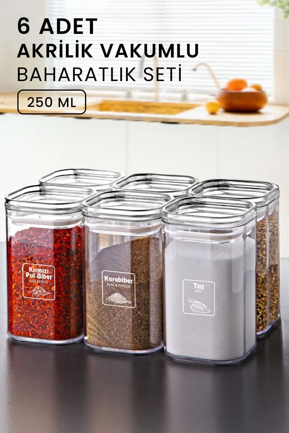 Etiketli 6'li Akrilik Vakumlu Kare Baharatlık Seti 250 ML -Sızdırmaz Kapaklı Baharatlık Takımı