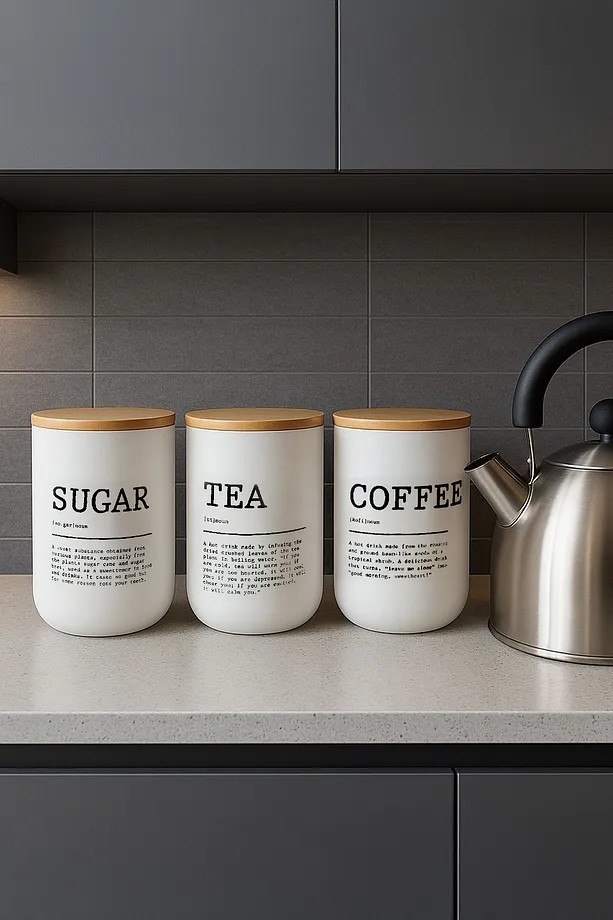 3'Lü Vakumlu Bambu Kapaklı Beyaz Tea Coffee Sugar Kavanoz Seti 900 Ml - Çay,Şeker,Kahve Kavanozu