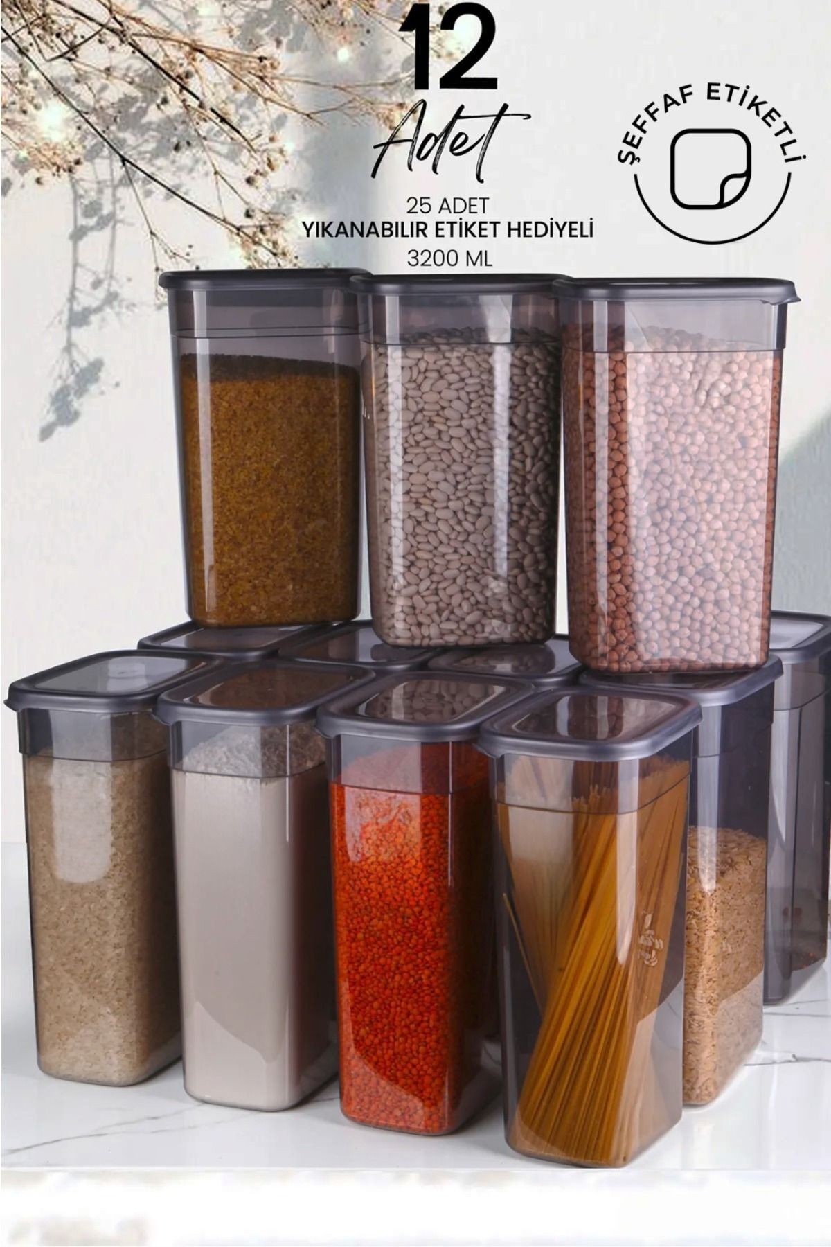 12 Adet Jumbo Boy Rectangle Dikdörtgen Saklama Kabı Seti 3200ml Erzak Kabı Etiketli Kavanoz Seti
