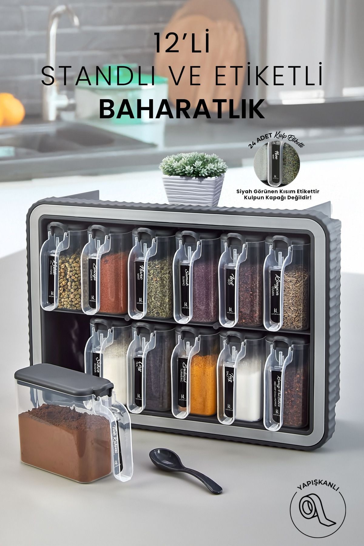 12 li Standlı Kendinden Yapışkanlı Kapaklı Kaşıklı Baharatlık Takımı - Kulplu Baharatlık Standı