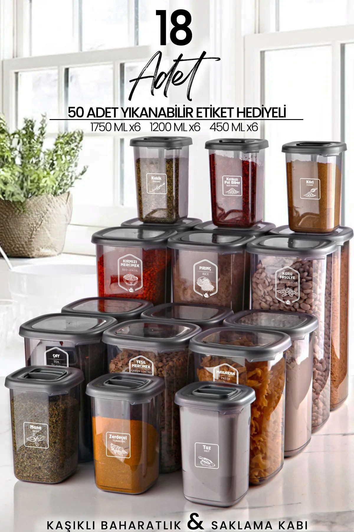 18'li Etiketli Kare Erzak Saklama Kabı ve Kaşıklı Baharatlık Seti - (1750ml + 1200ml + 450 ml)