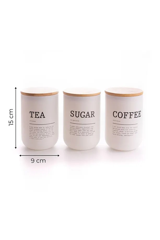 3'Lü Vakumlu Bambu Kapaklı Beyaz Tea Coffee Sugar Kavanoz Seti 900 Ml - Çay,Şeker,Kahve Kavanozu