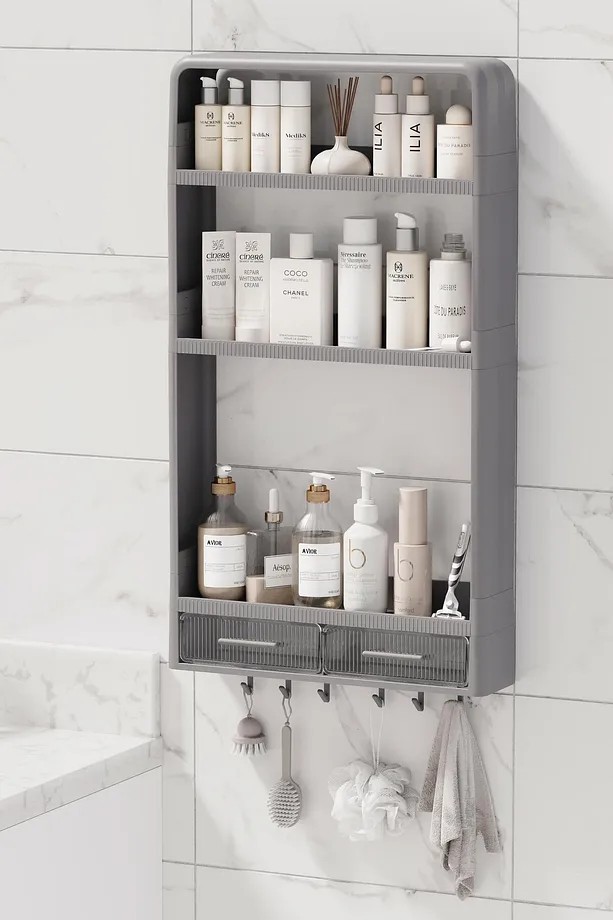 Yapışkanlı Modüler 3 Katlı Banyo Düzenleyici Rafı Organizeri Askılıklı & Çekmeceli Organizer