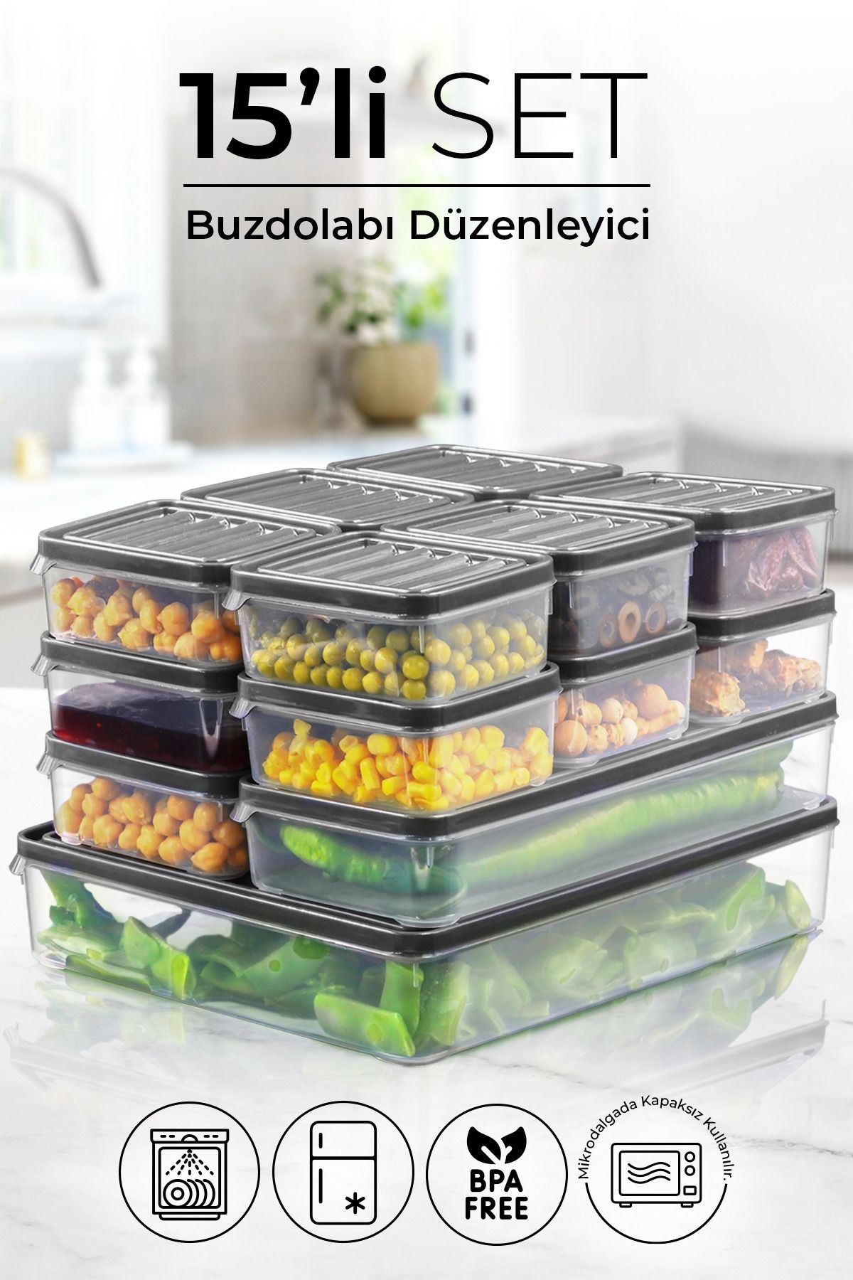 15 li Buzdolabı ve Mikrodalga Saklama Kabı - Buzdolabı Organizeri ( 250ml x11 + 1000ml x2 + 2500ml x1)