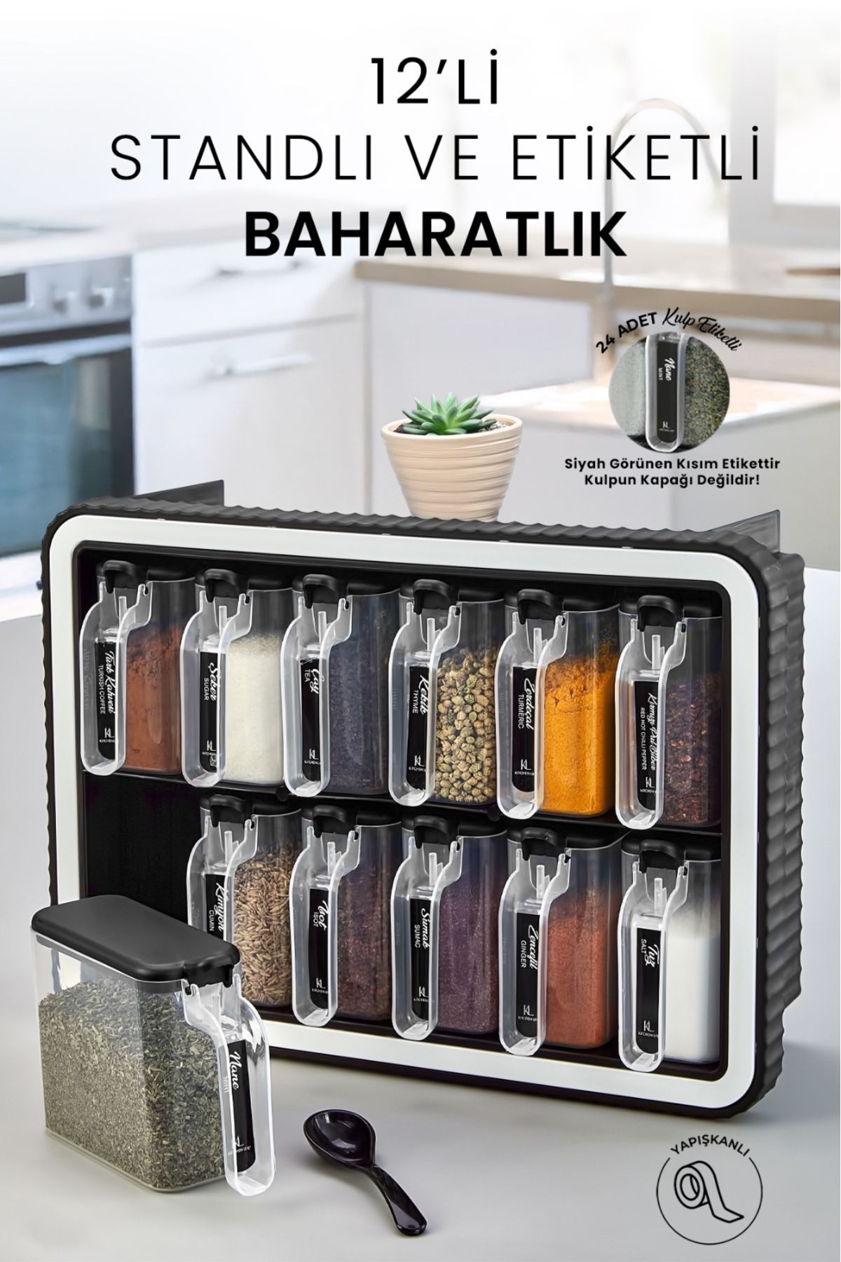 12 li Standlı Kendinden Yapışkanlı Kapaklı Kaşıklı Baharatlık Takımı - Kulplu Baharatlık Standı