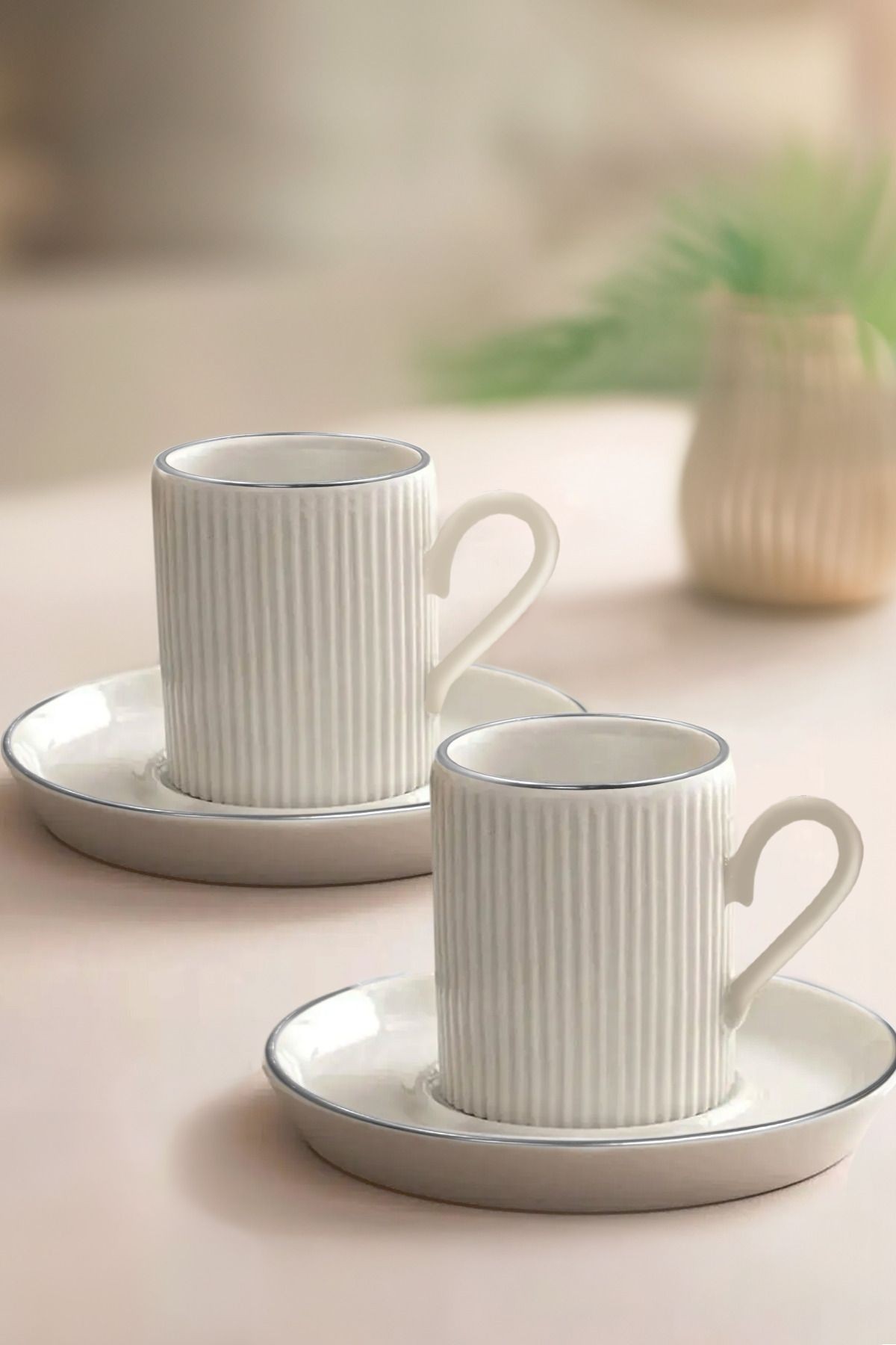 4 Parça 2 Kişilik Stackable Çizgili Gümüş Yaldızlı Kahve Fincan Takımı - Kahve Fincanı Seti 100ml