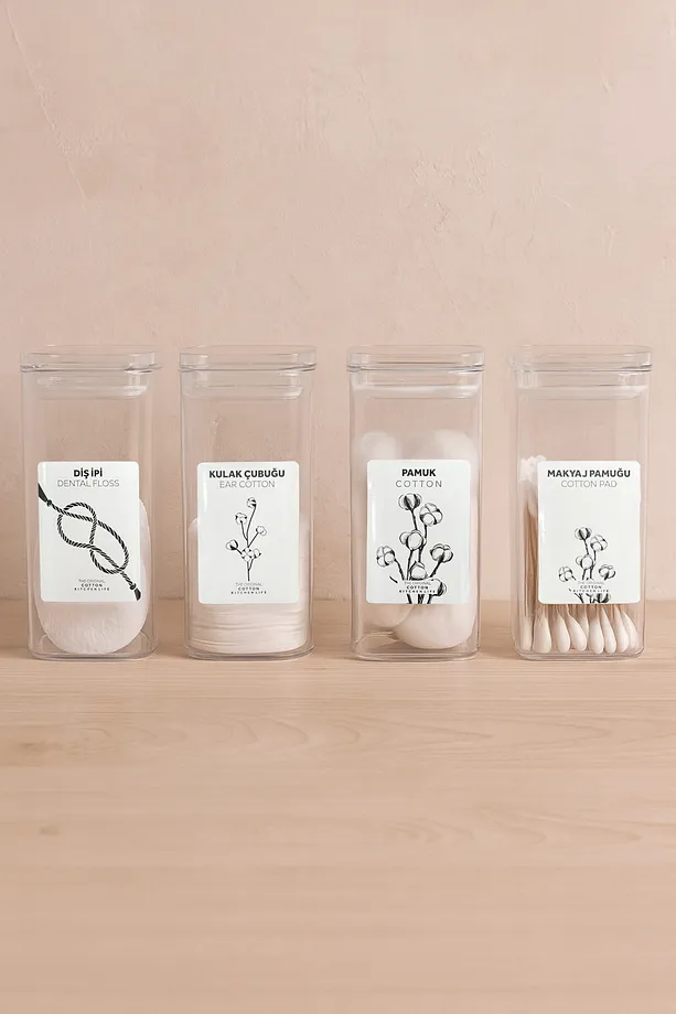4 lü Akrilik Kapaklı Cam Diş İpi Makyaj Pamuğu Kulak Çubuğu Pamuk Organizeri- Saklama Kutusu