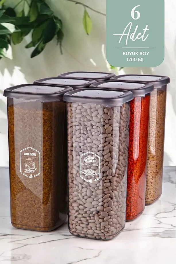 6'lı Jumbo Boy Etiketli Dikdörtgen Erzak Saklama Kabı Seti 1750ml Çay Şeker Saklama kabı 1,75 Litre