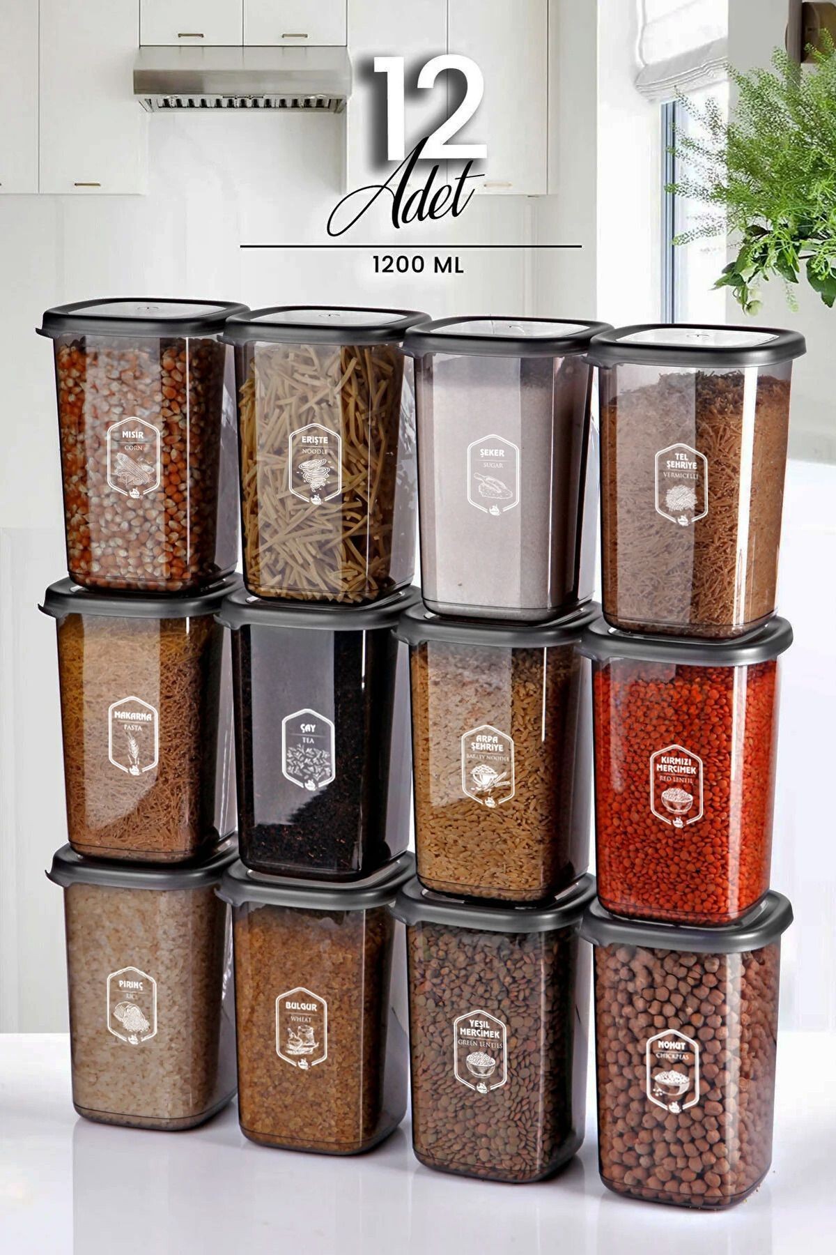Etiketli 12 li Büyük Boy Square Kare Saklama Kabı Seti 1.2lt Antrasit Erzak Kavanoz Seti