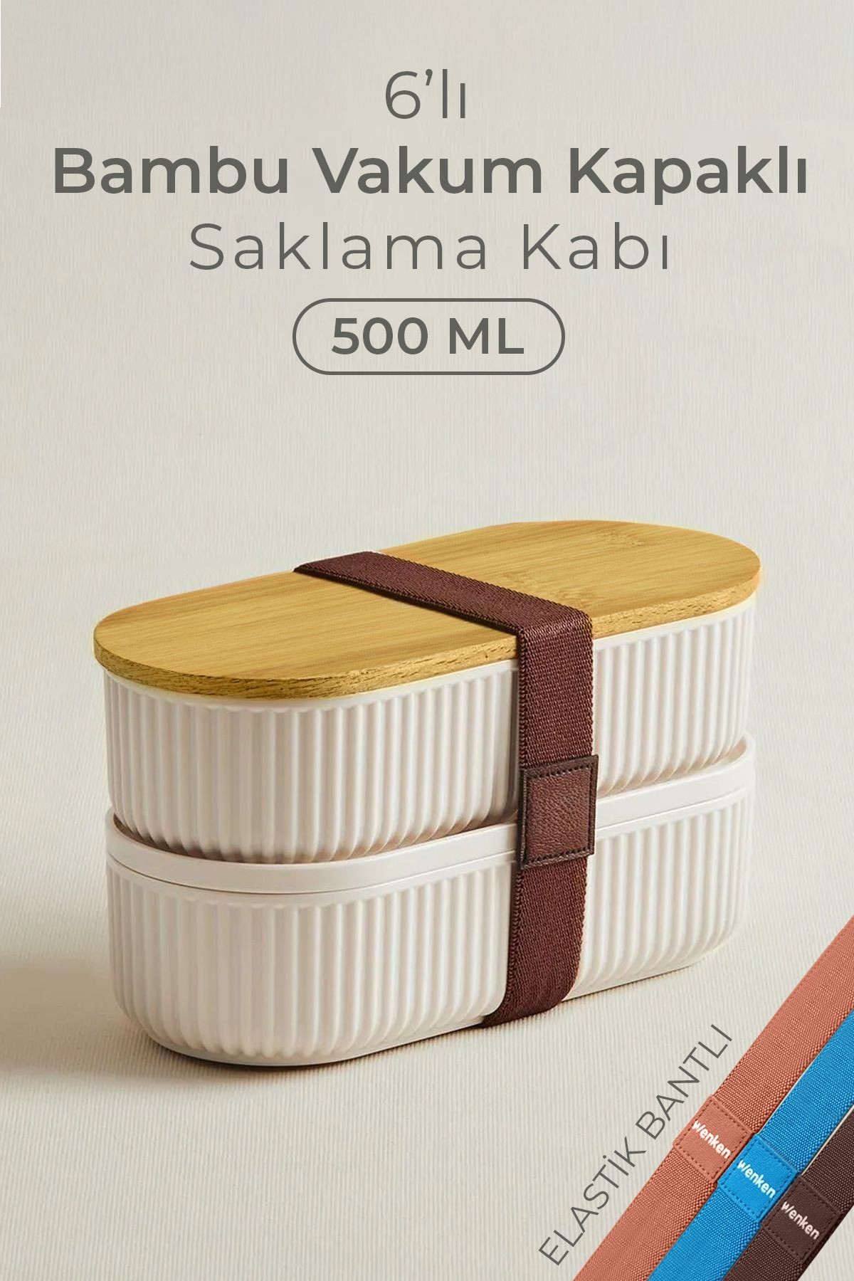 12 Parça Duele Vakumlu Bambu Kapaklı Saklama Kabı 500ml  / Çizgili Kayık Saklama Kabı