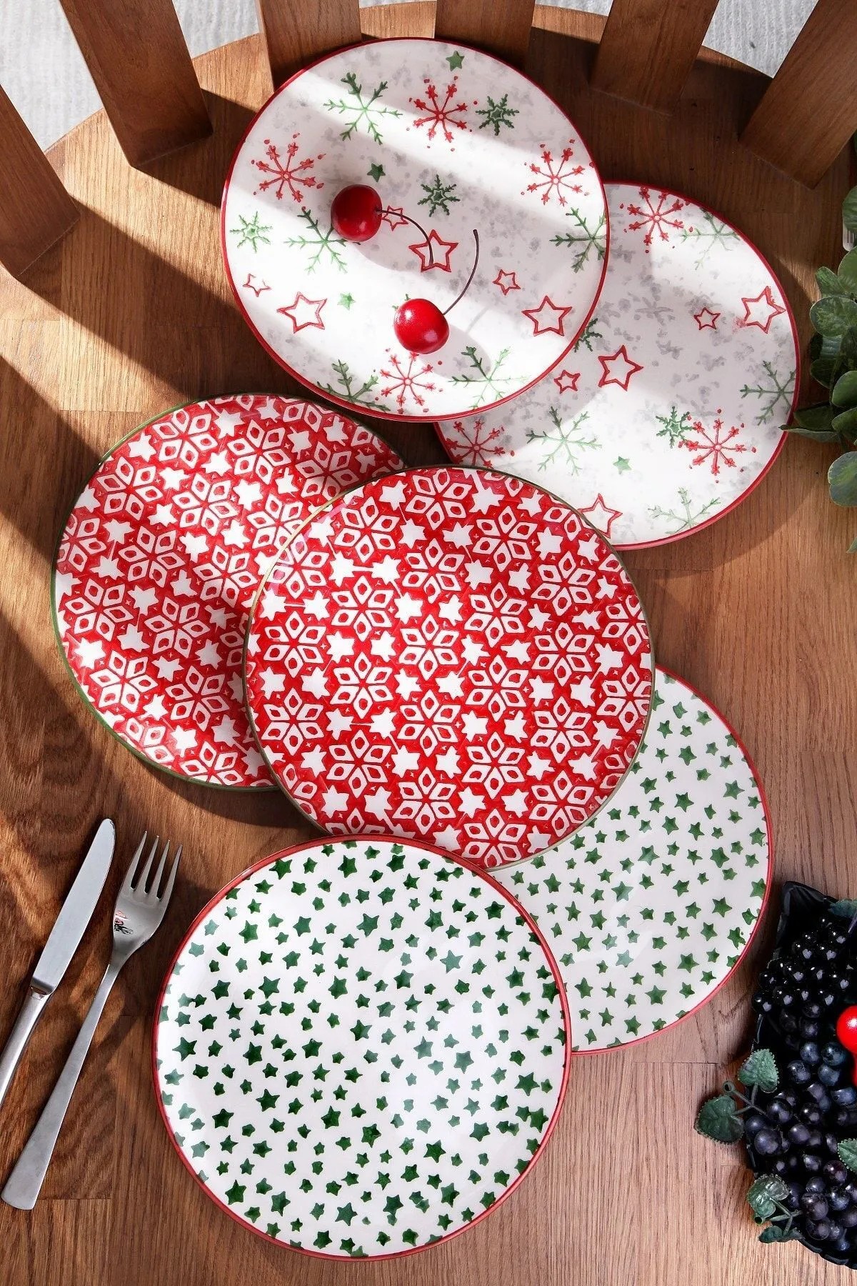 6'lı Özel Yılbaşı Tasarım Handmade 21cm Pasta Tabak Seti