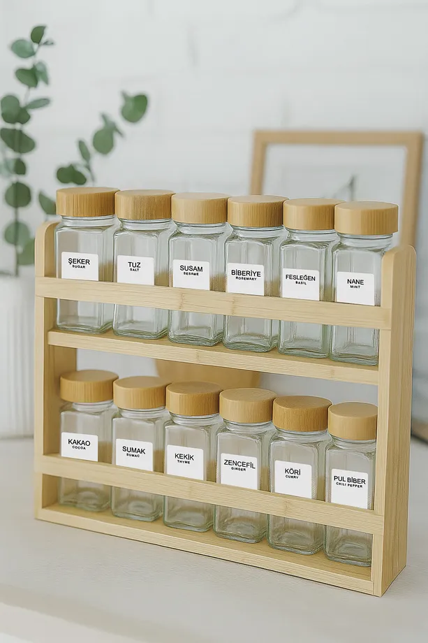 12' Li Bambu Standlı Bambu Kapaklı Kare Baharatlık Seti 100 Ml - Standlı Bambu Baharatlık