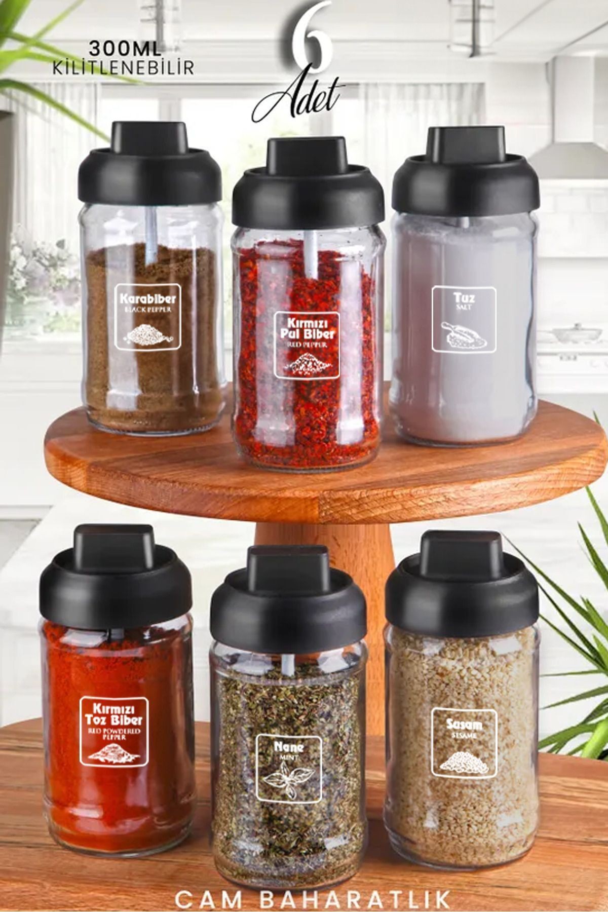 6 Adet Kapağı Kilitlli Kapağı Kendinden Cam Kaşıklı Baharatlık Seti - 300 ml -  Lockey Baharatlık