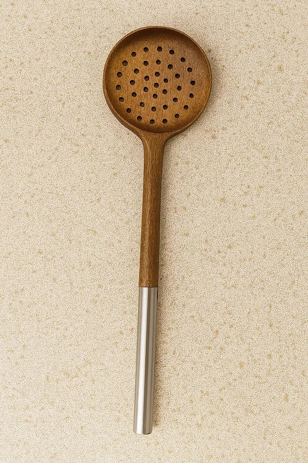 3 Parça Çelik Saplı Servis Takımı - Akasya Servis Kaşık Spatula Kepçe Seti Servis Seti