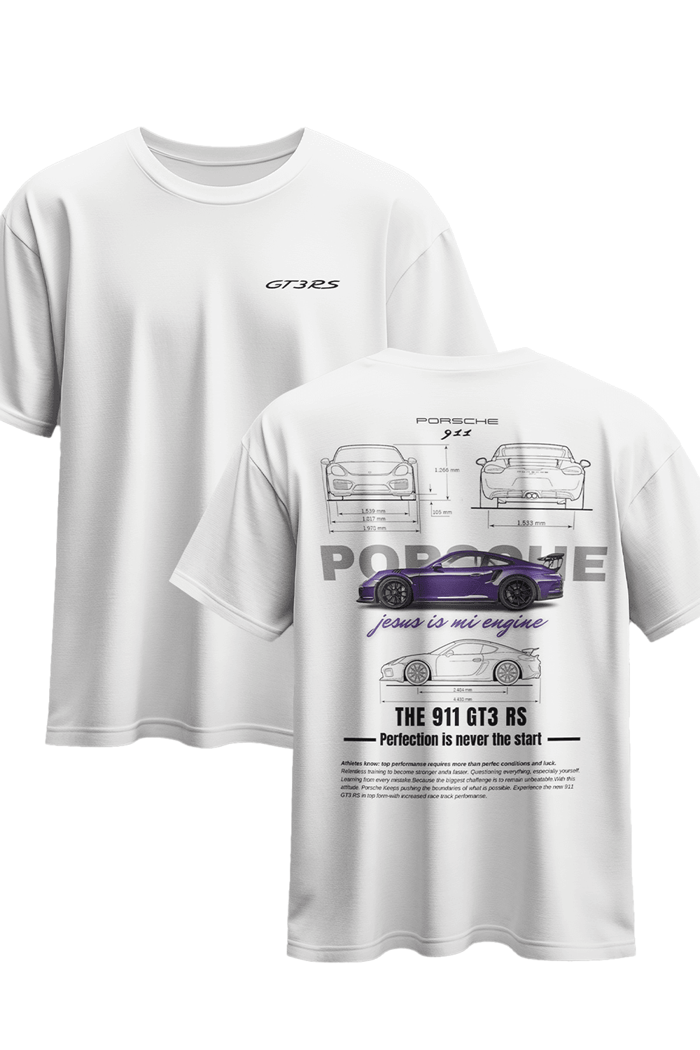 PORSCHE 911 GT3 RS dijital baskılı %100 pamuklu penye t-shirt (Oversize) 