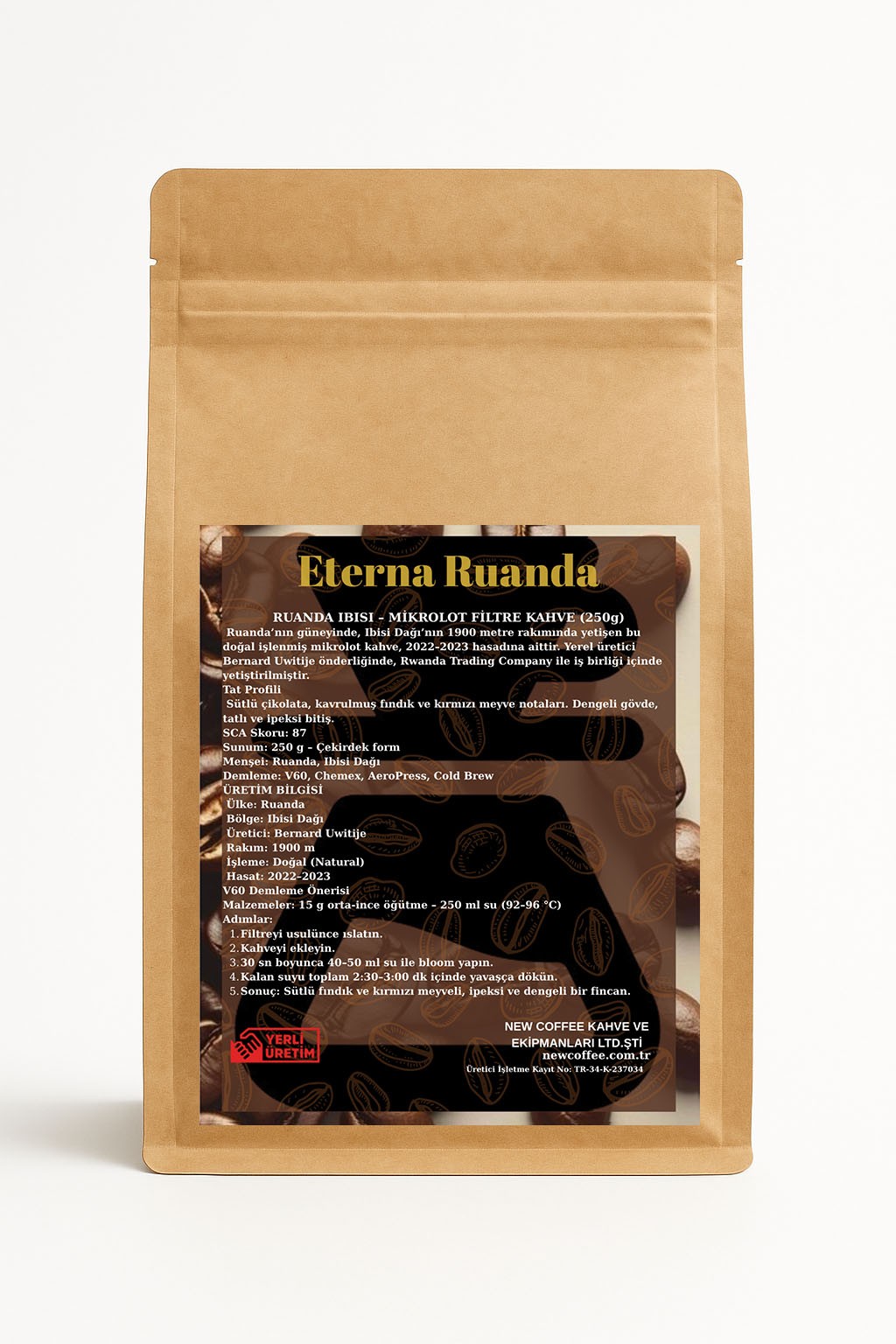 Eterna Ruanda Ibisi Mikrolot Filtre Kahve 250g – Doğal İşleme | SL Arabica | Sütlü Çikolata ve Kırmızı Meyve Notaları | SCA 87 | V60 – Chemex – AeroPress Uyumlu