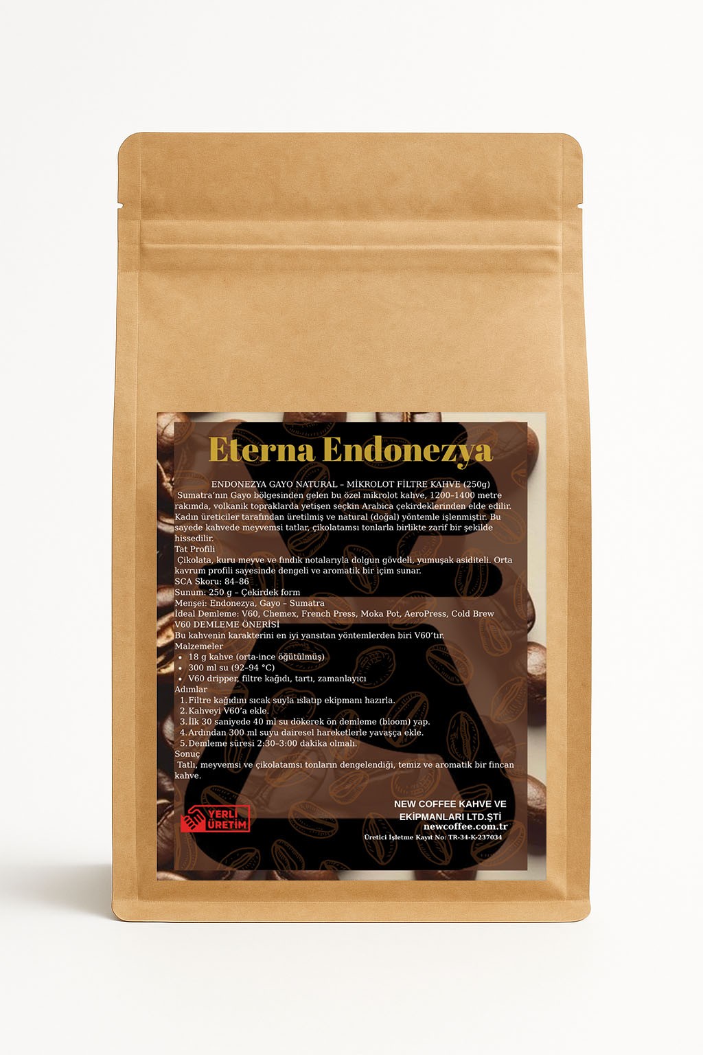 Eterna Endonezya Gayo Natural Mikrolot Filtre Kahve 250g – Arabica Çekirdek | SCA 84+ | Natural İşleme | V60 – Chemex Uyumlu