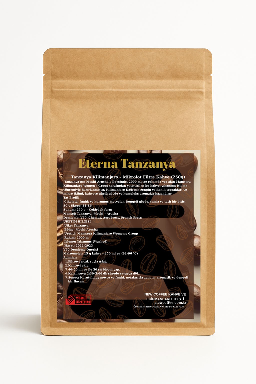 Eterna Tanzanya Kilimanjaro Mikrolot Filtre Kahve 250g – Yıkanmış İşleme | Çikolata, Kurutulmuş Meyve ve Fındık Notaları | SCA 84–86 | V60 – Chemex – AeroPress – French Press Uyumlu