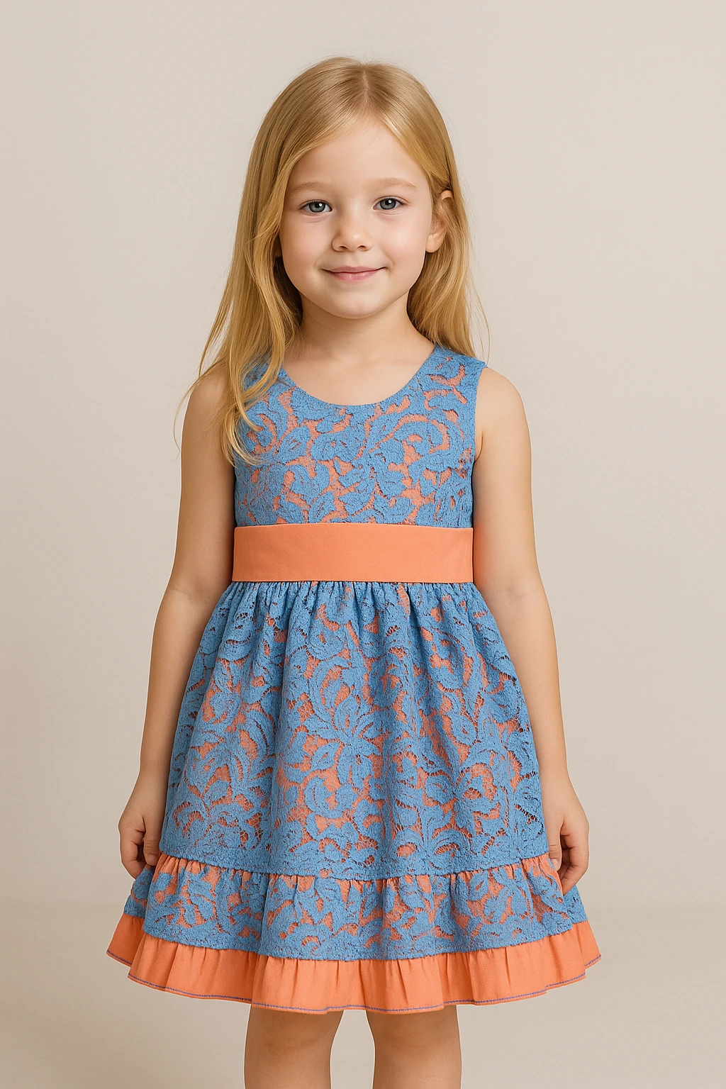 Kız Çocuk Dantel Fiyonk Detaylı Elbise – Mavi & Turuncu (1 - 6 Yaş ) - 31456
