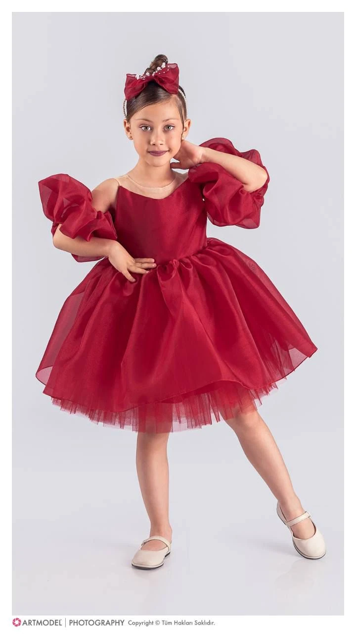 Kol Detaylı Kız Çocuk Abiye Elbise ve Taç - 6/10 Yaş - 31536