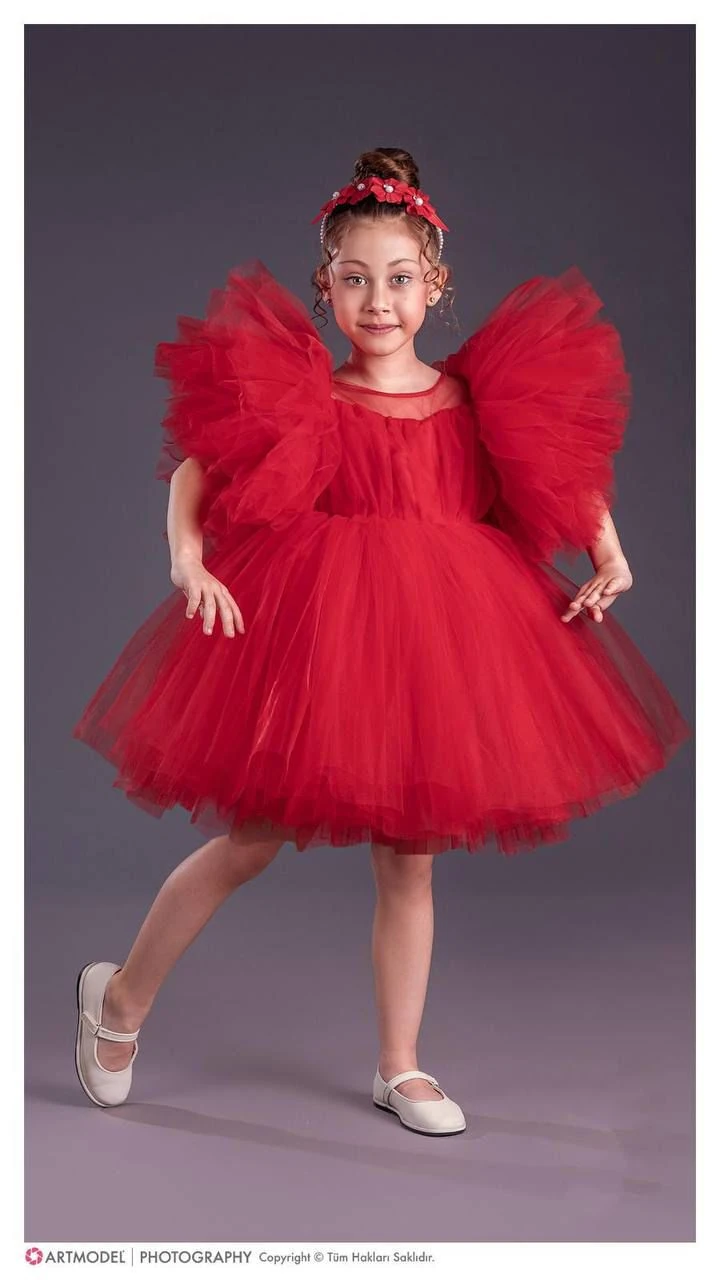 Kol Kabartmalı Kız Çocuk Abiye Elbise ve Taç - 3/10 Yaş - 31537