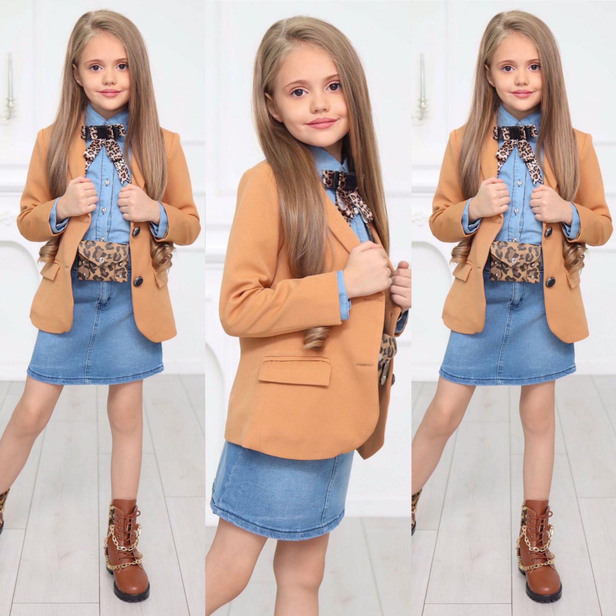 Kız Çocuk 5 Parça Şıklık Seti – Kot Gömlek, Kot Etek, Ceket, Leopar Çanta Kemer + Broş / 3-12 Yaş - 31480