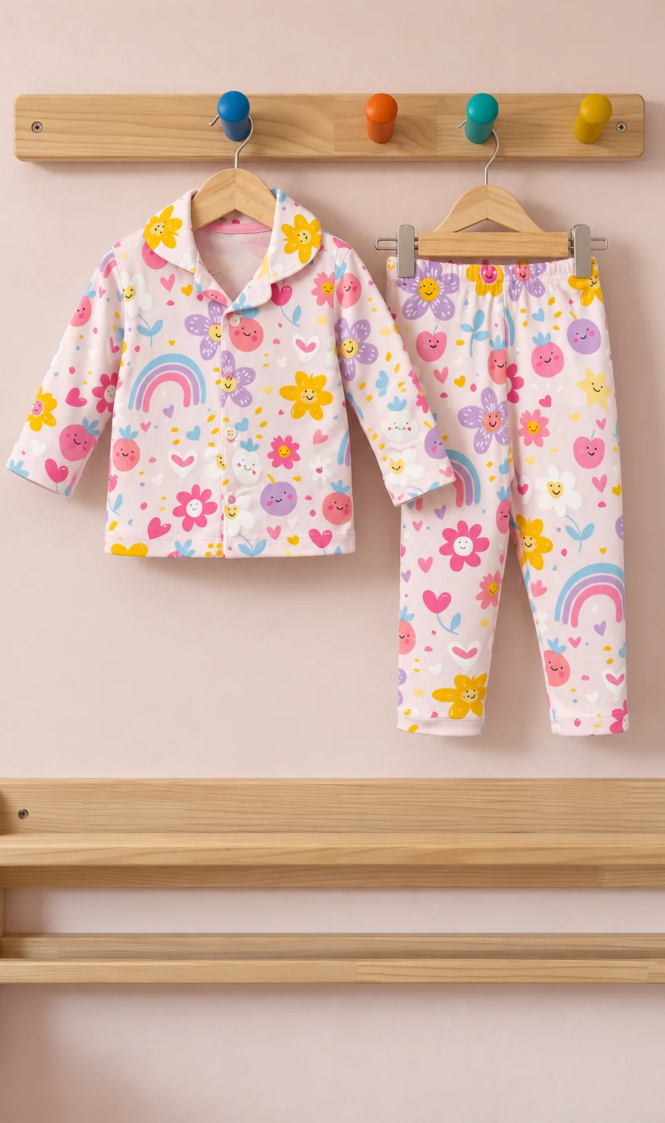 Kız Bebek Gökkuşağı ve Renkli %100 Pamuklu Pijama Takımı - 0/12 Ay - 31959