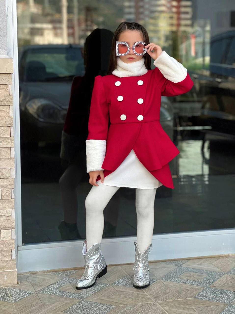 Kaşe 3'lü Set Kaşe Kaban - Kaşe Etek - Tak Çıkar Boyunluk - 4/14 Yaş - 31512