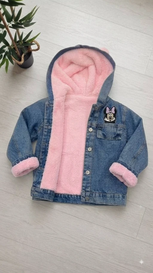 Kız Çocuk Kapüşonlu Peluş Astarlı Karakter Baskılı Kot Mont - 4/12 Yaş - 31958