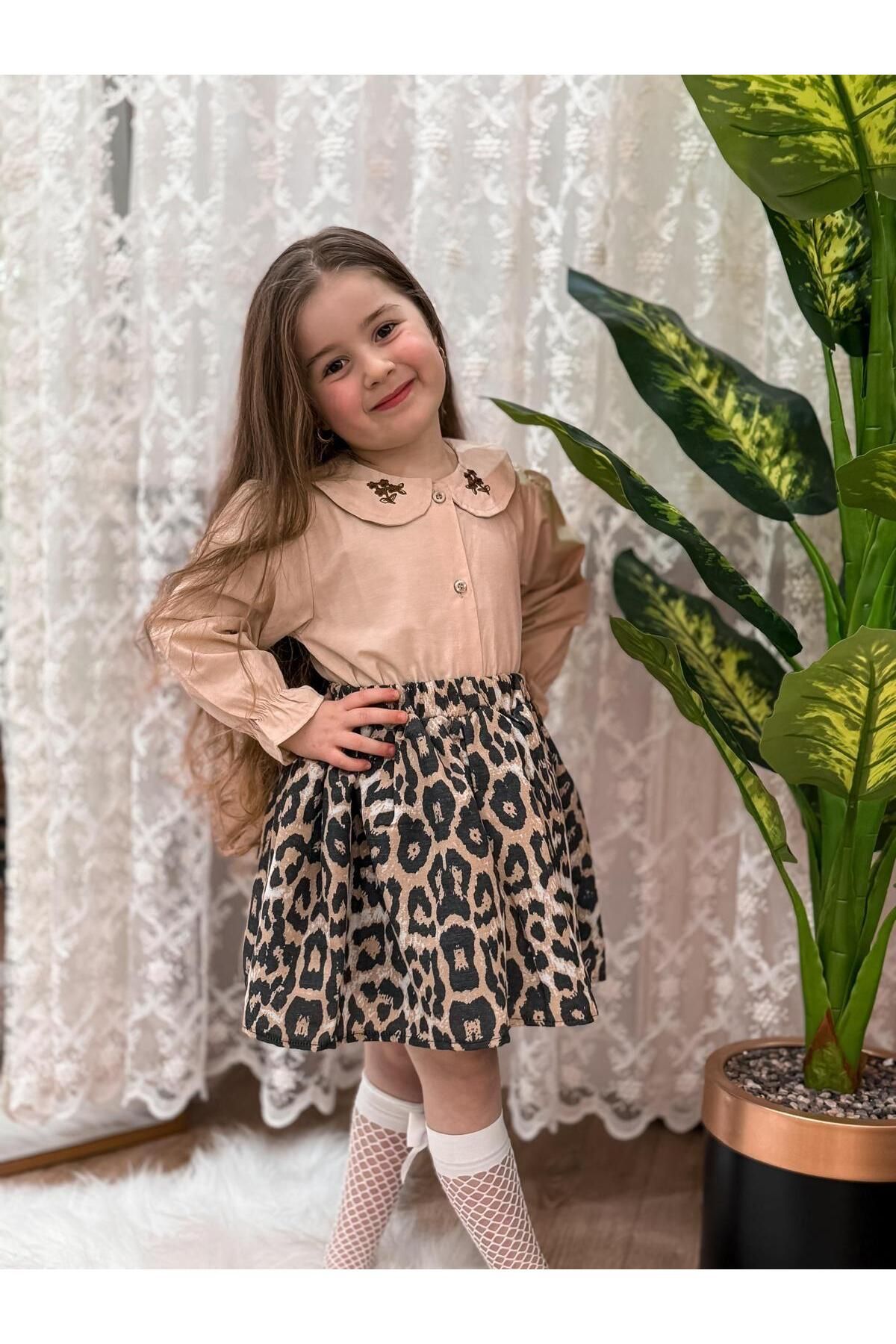 Kız Çocuk Nakış ve Leopar Detaylı Elbise