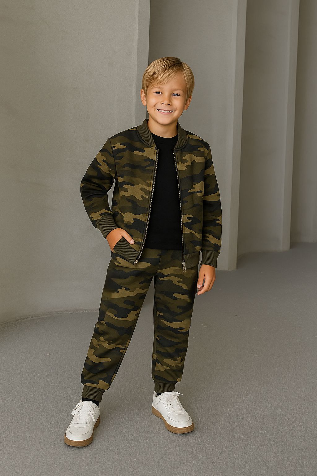 Erkek Çocuk Kamuflaj Desenli 3’lü Kombin – Bomber Ceket, Sweatshirt & Eşofman Altı (2-10 Yaş) - 31454