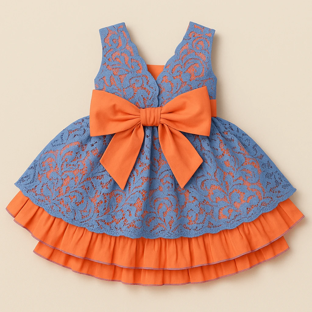 Kız Çocuk Dantel Fiyonk Detaylı Elbise – Mavi & Turuncu (1 - 6 Yaş ) - 31456