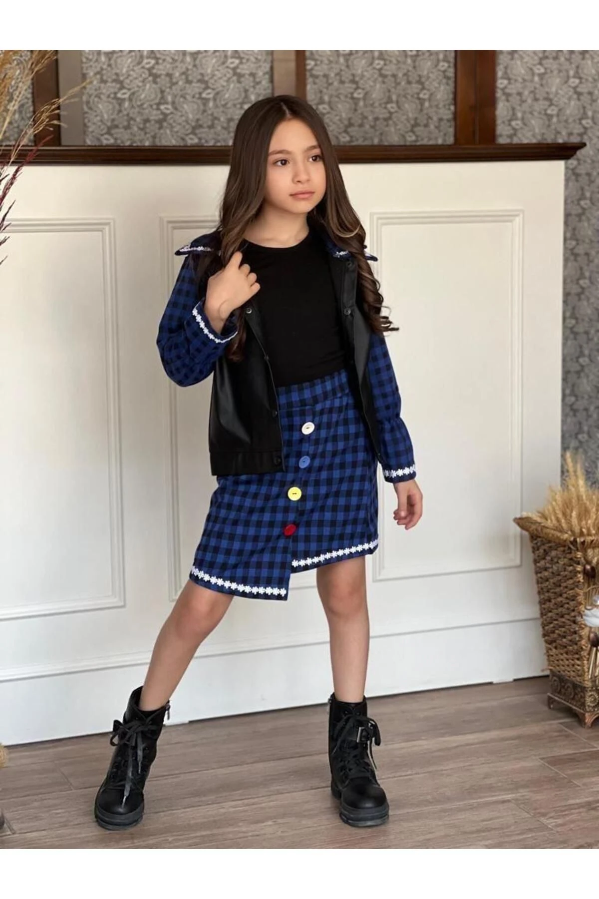 Kız Çocuk Düğme Detaylı Tşört Dahil Etek Ceket Takım