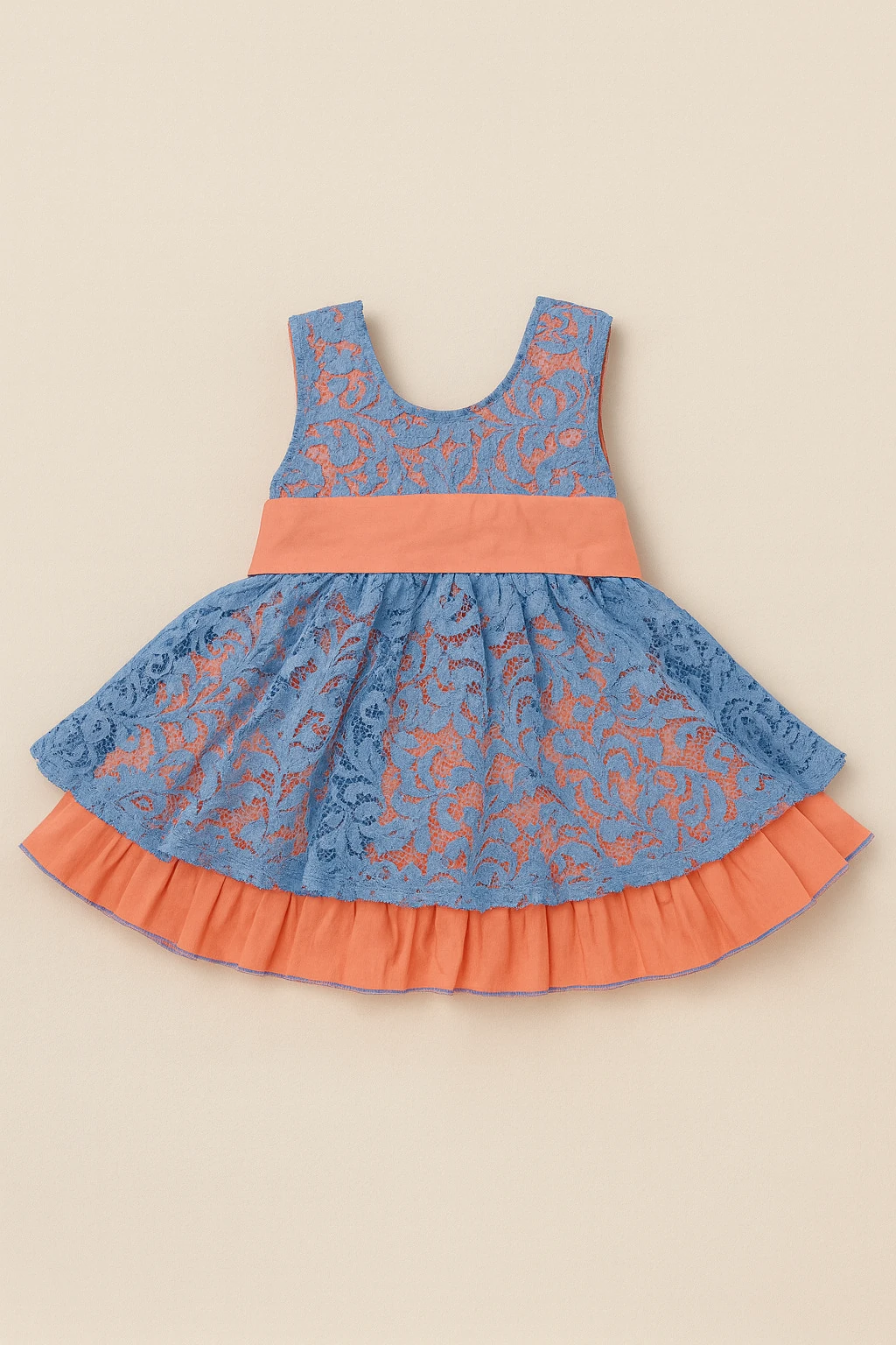 Kız Çocuk Dantel Fiyonk Detaylı Elbise – Mavi & Turuncu (1 - 6 Yaş ) - 31456