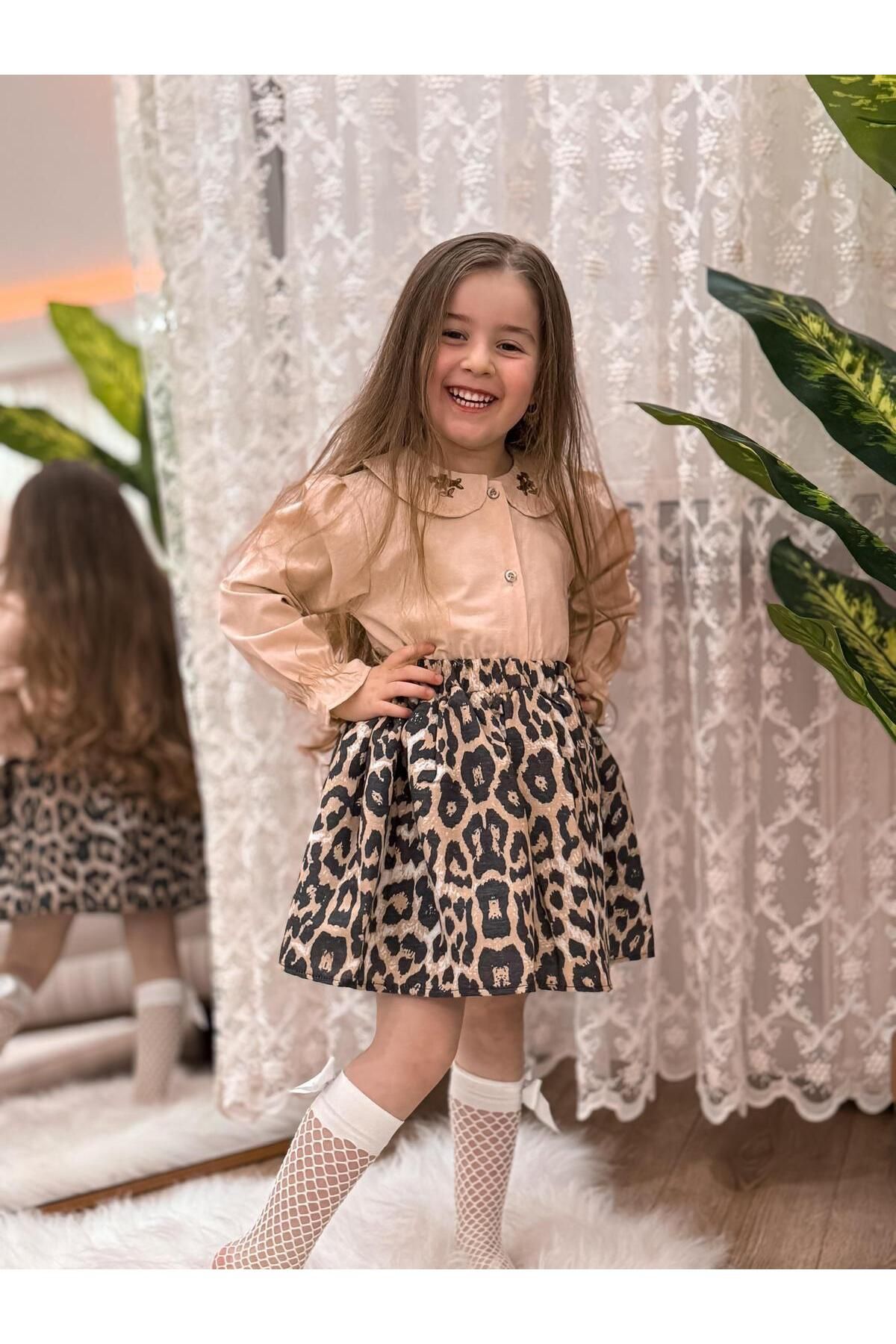 Kız Çocuk Nakış ve Leopar Detaylı Elbise