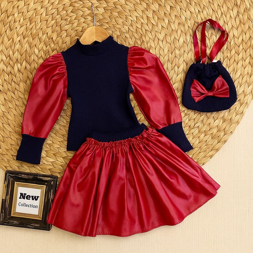 Kız Çanta Dahil Deri Etekli 3’lü Kombin / 3-10 Yaş - 31474