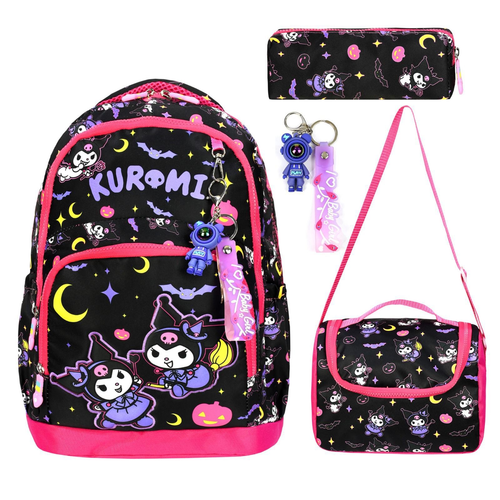 Kuromi 3’lü Okul Çantası Seti (Okul Çantası + Beslenme Çantası + Kalemlik) | Anahtarlık Hediyeli