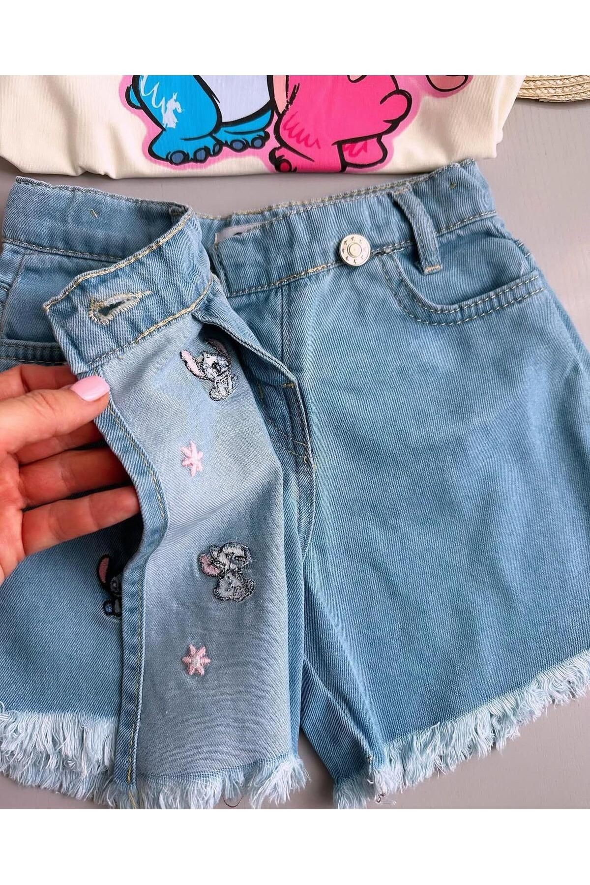 Stitch Temalı Şort Etekli Kot Takım