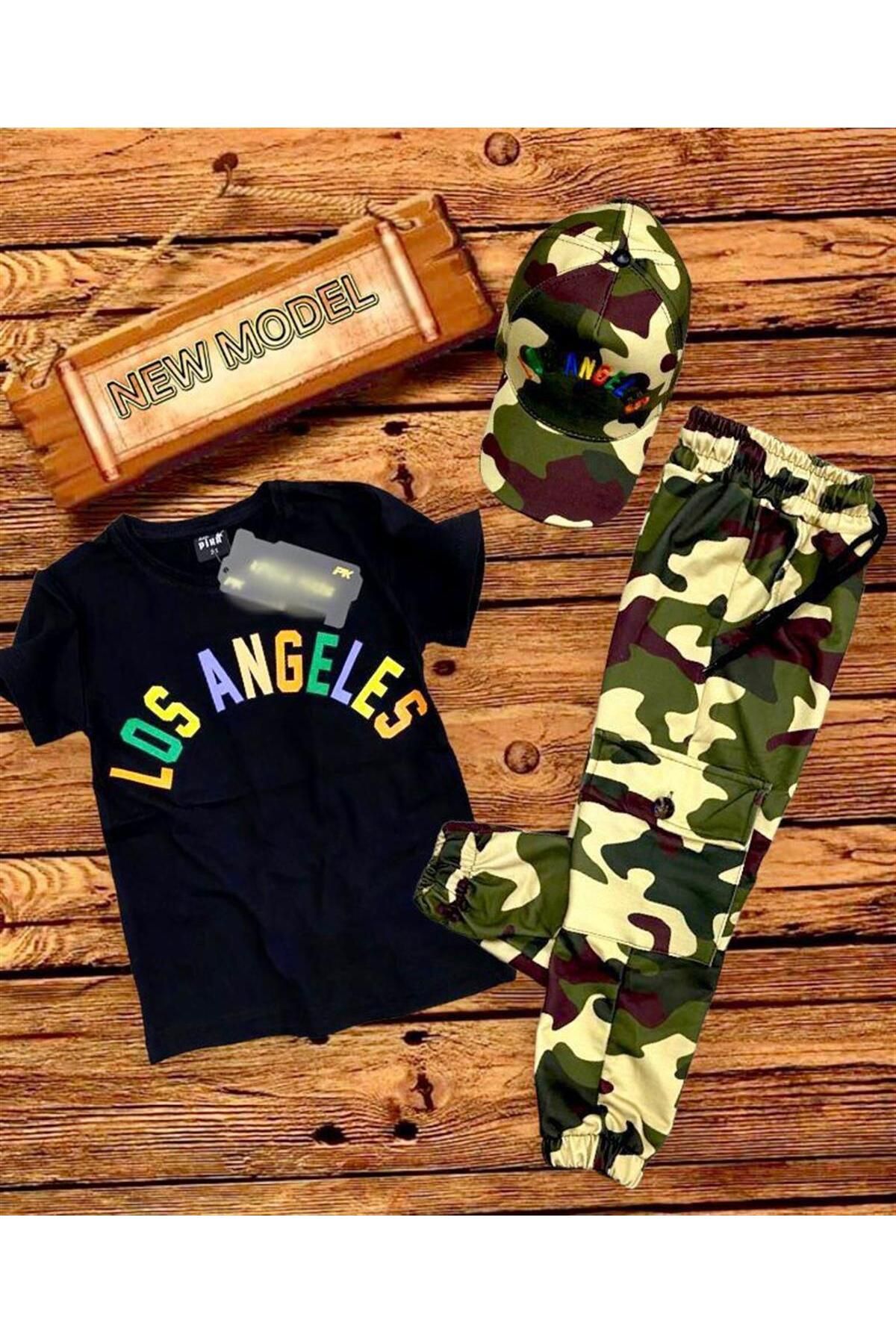 Los Angeles Baskılı Siyah Tişört Kamuflaj Eşortman Şapka 3’lü Erkek Çocuk Takım