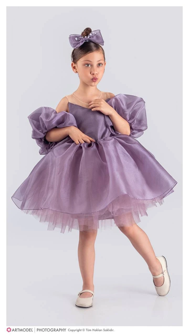 Kol Detaylı Kız Çocuk Abiye Elbise ve Taç - 6/10 Yaş - 31536