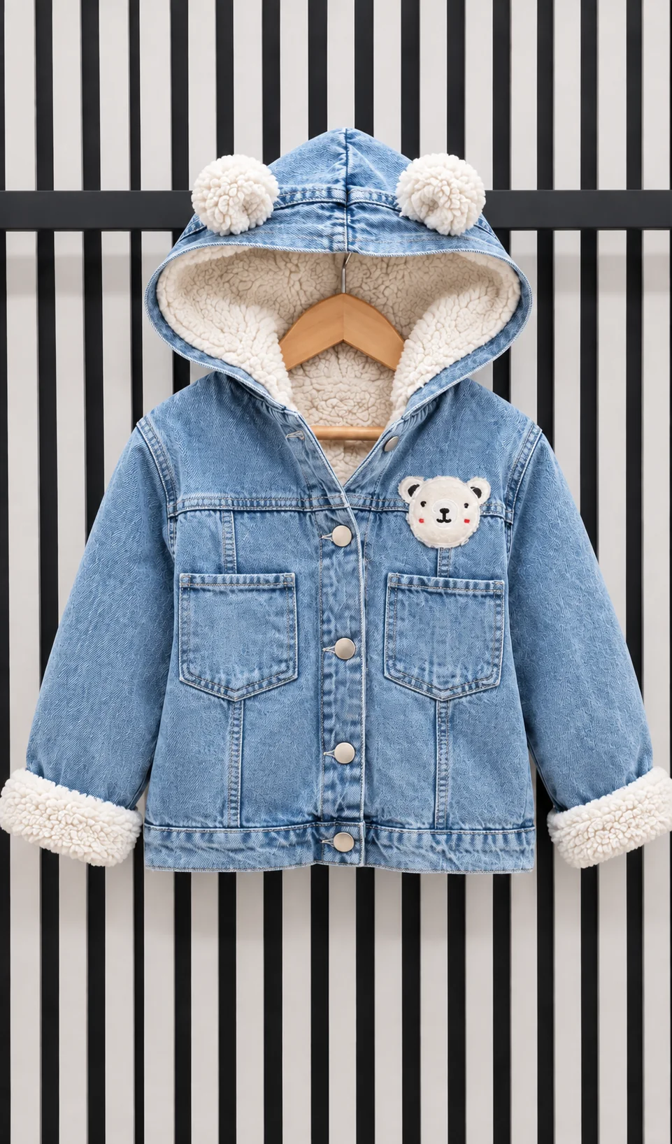 Çocuk Kapüşonlu Welsoft Peluş Astarlı Yıkamalı Kot Mont - 4/12 Yaş - 31956
