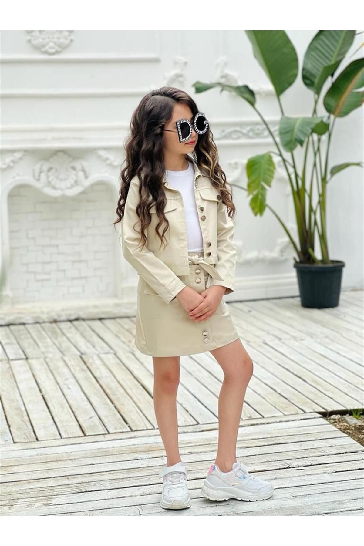 Gabardin Efsane 3 Parça Düğme Detaylı Şık Etek Takım