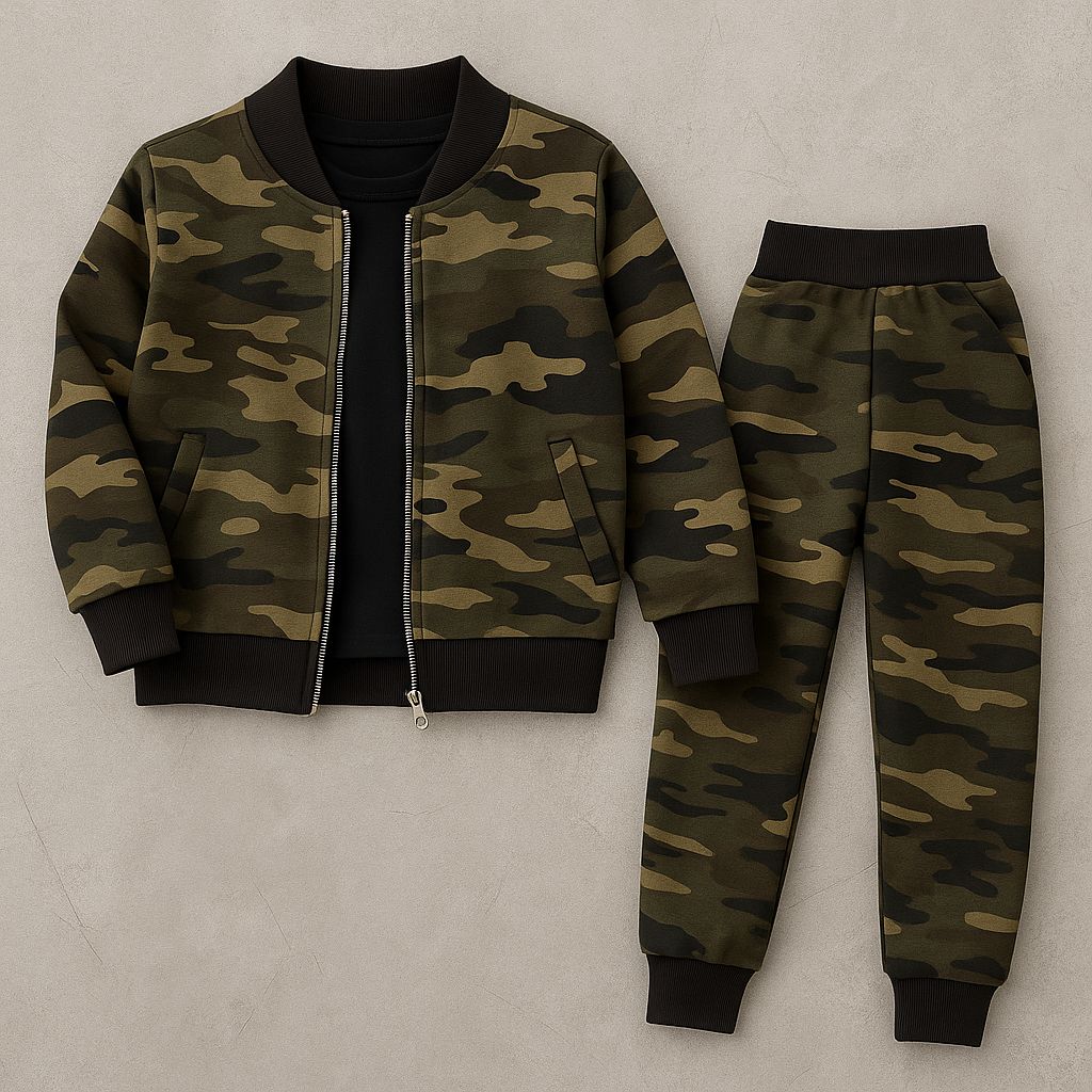 Erkek Çocuk Kamuflaj Desenli 3’lü Kombin – Bomber Ceket, Sweatshirt & Eşofman Altı (2-10 Yaş) - 31454