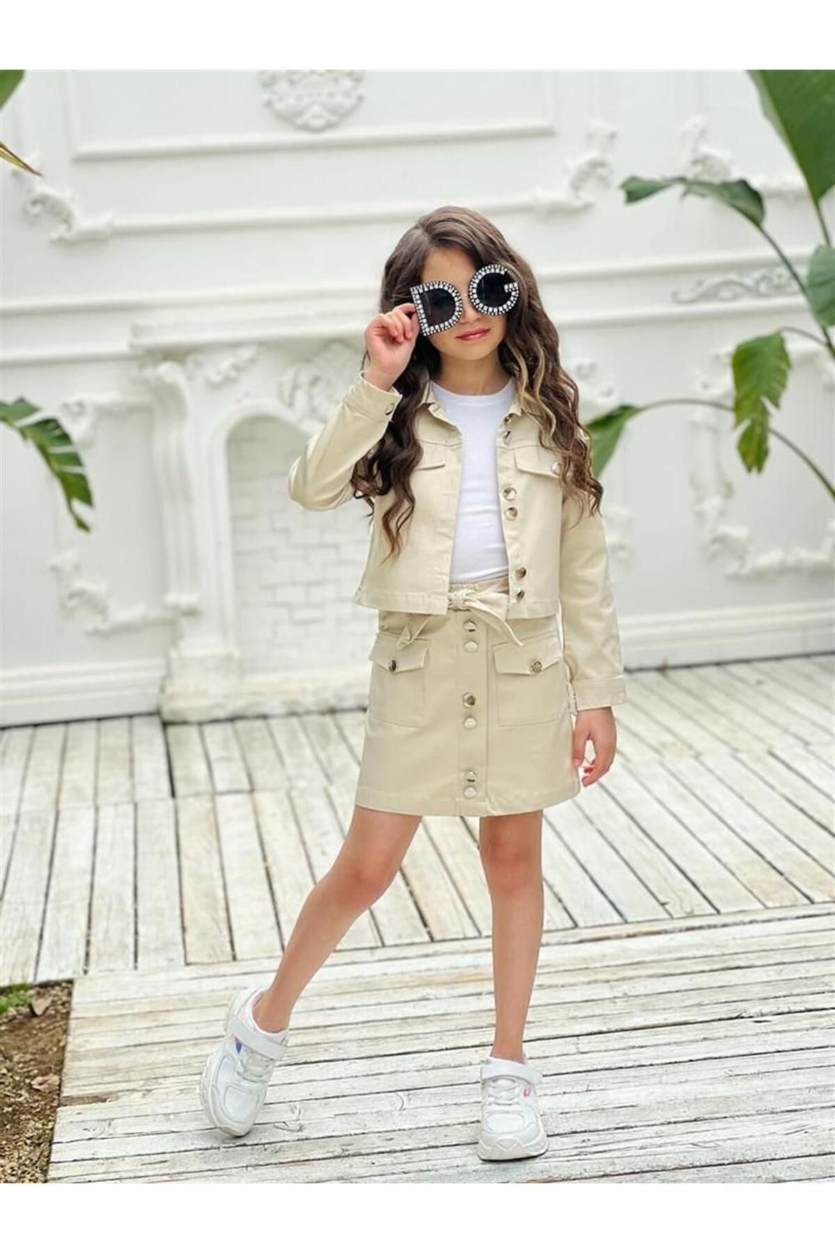 Gabardin Efsane 3 Parça Düğme Detaylı Şık Etek Takım