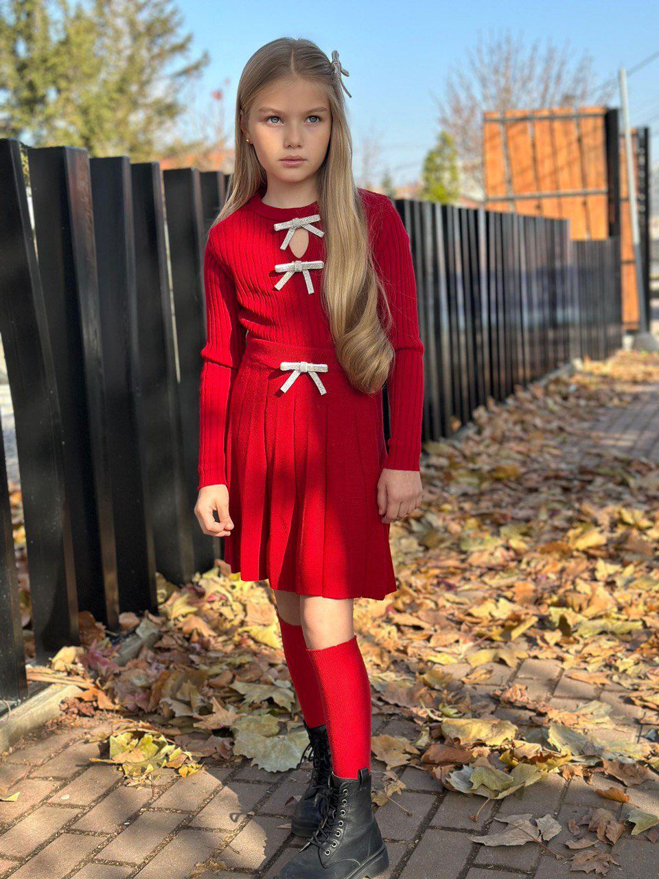 Yeni Sezon Kız Çocuk Triko Takım - 3 PARÇA – Etek + Triko Üst + Aksesuar Fiyonk Detaylı - 3/12 Yaş - 31580