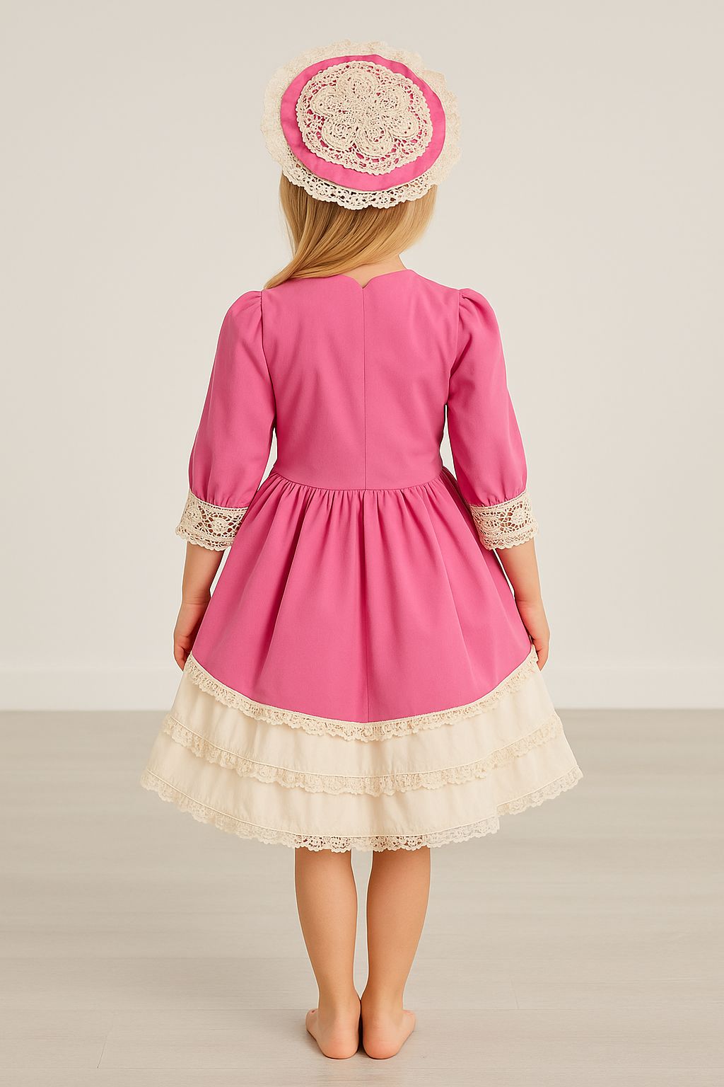 Pembe Dantelli Fiyonk Detaylı Kız Çocuk Elbise & Tokalı Takım - 31459