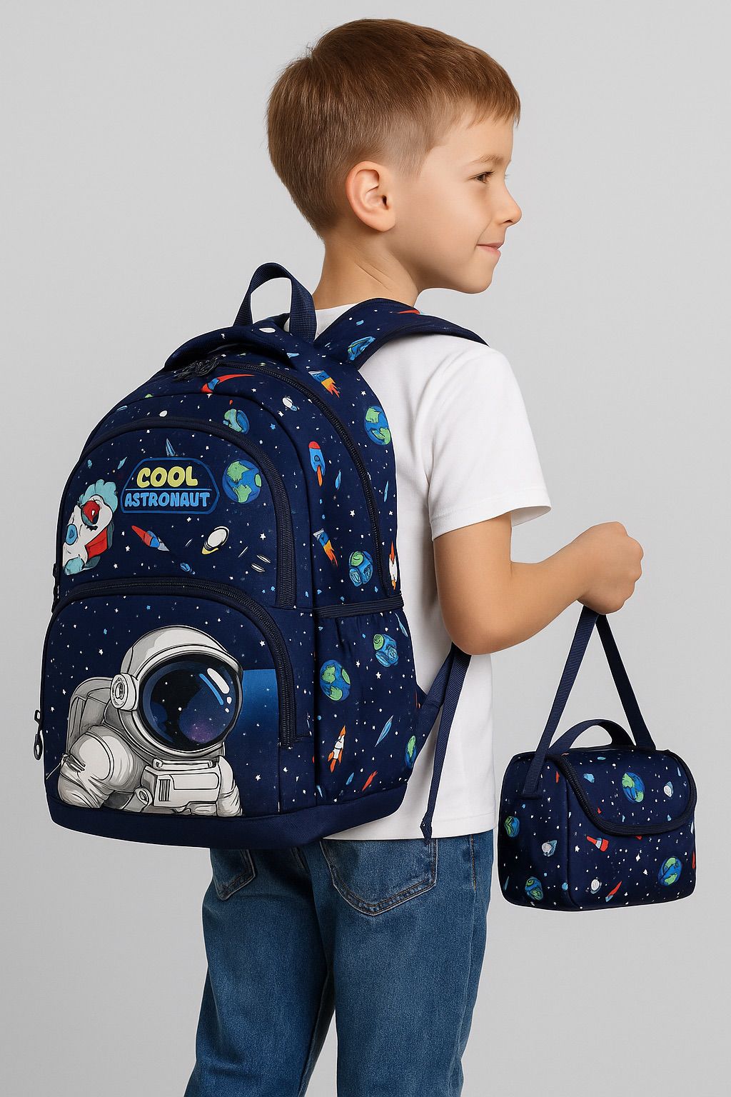 Astronot 3’lü Okul Çantası Seti (Okul Çantası + Beslenme Çantası + Kalemlik) | Anahtarlık Hediyeli - 31420