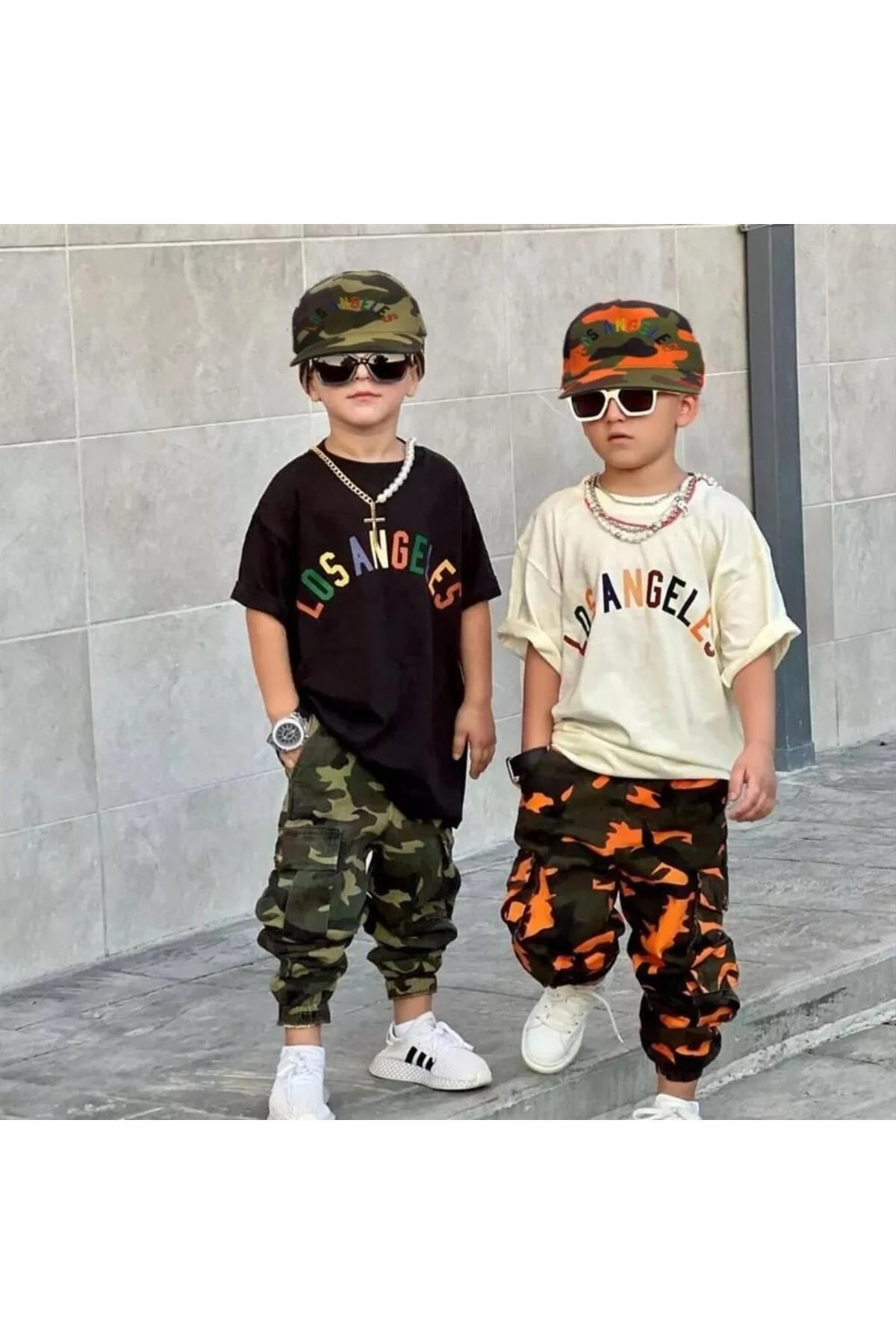 Los Angeles Baskılı Siyah Tişört Kamuflaj Eşortman Şapka 3’lü Erkek Çocuk Takım